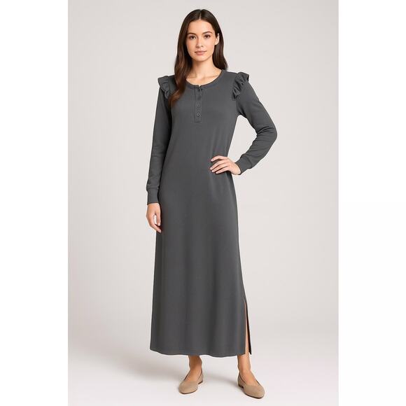 Z Supply Long Sleeve Dress M Gray Henley Ruffle Modest Minimalist Casual NWT - Picture 1 of 6